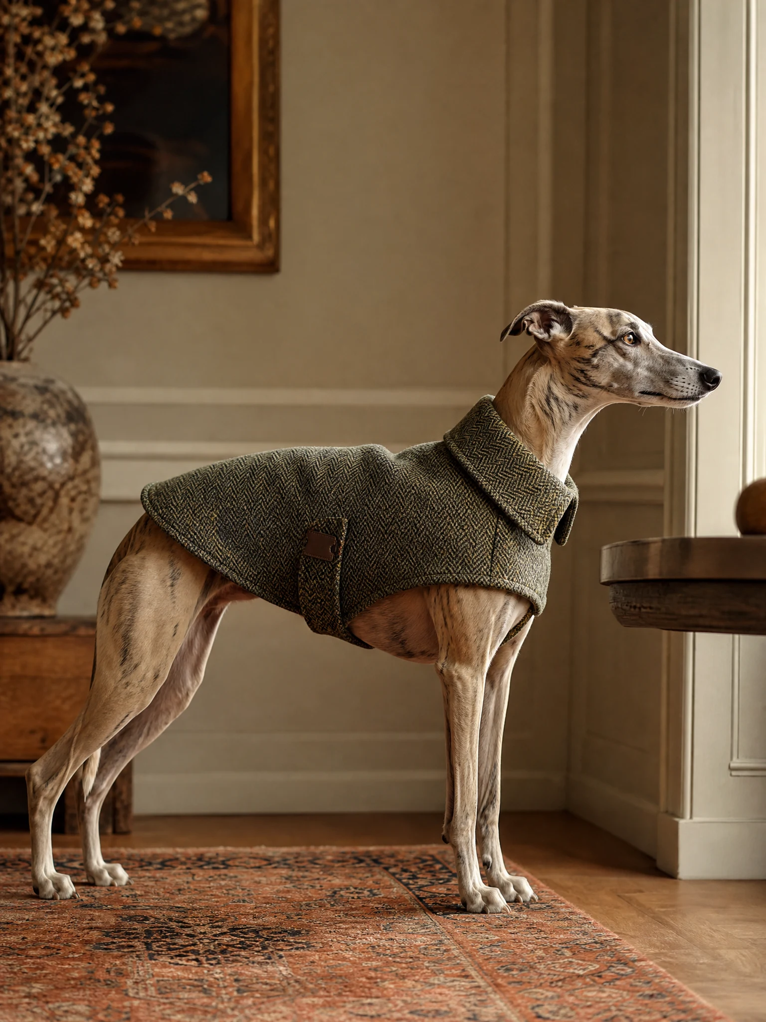 A whippet in a tailored herringbone wool coat