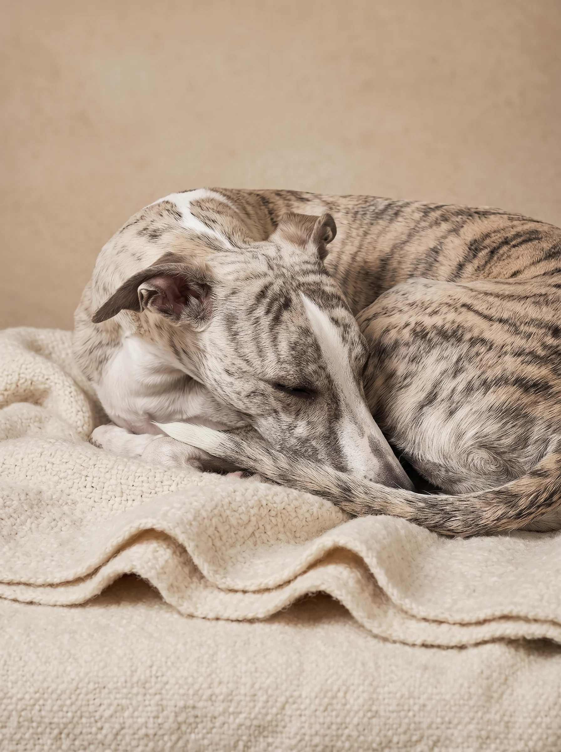 An adult whippet curled asleep on a wool blanket