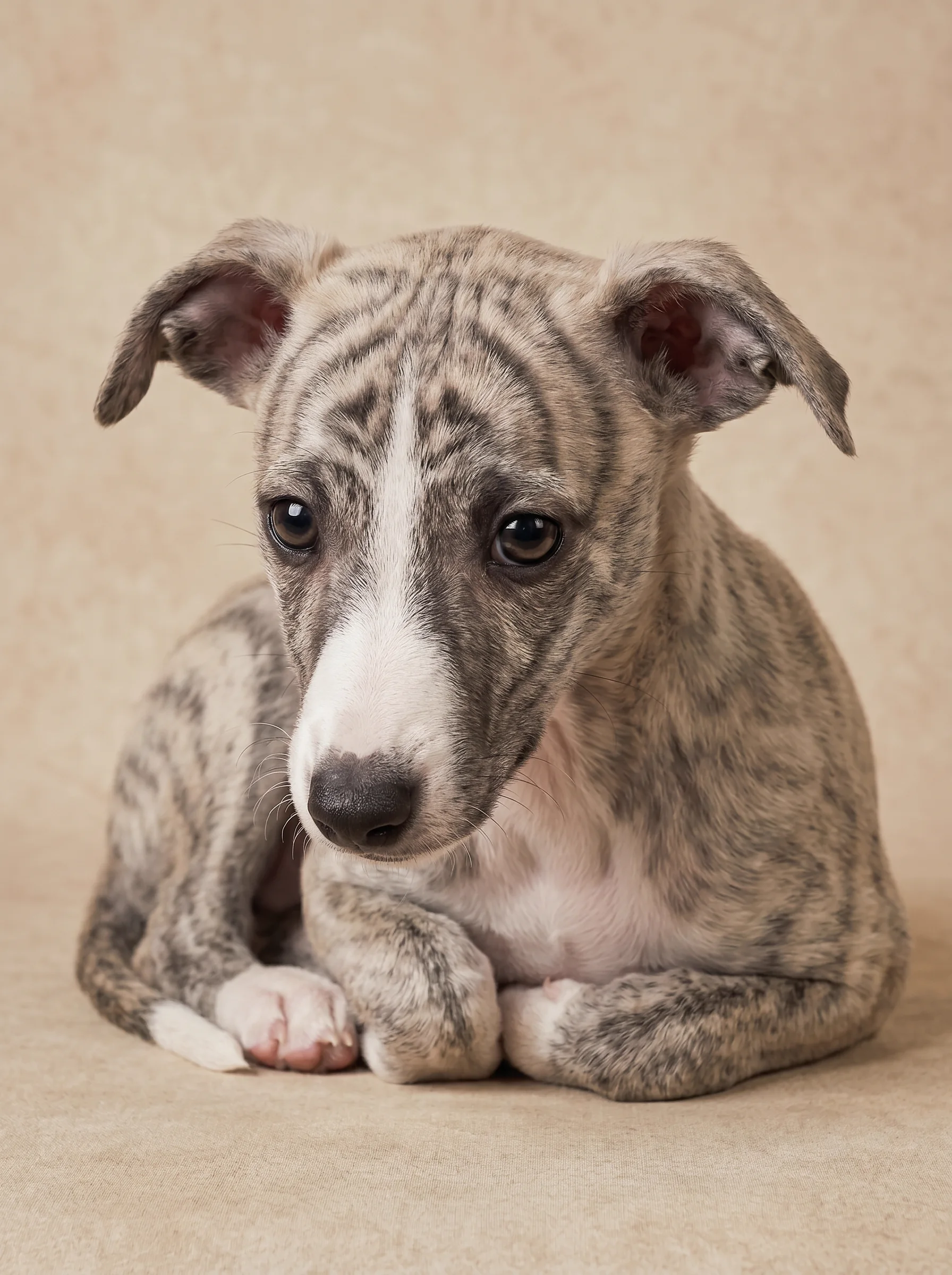 A ten-week-old brindle whippet puppy resting